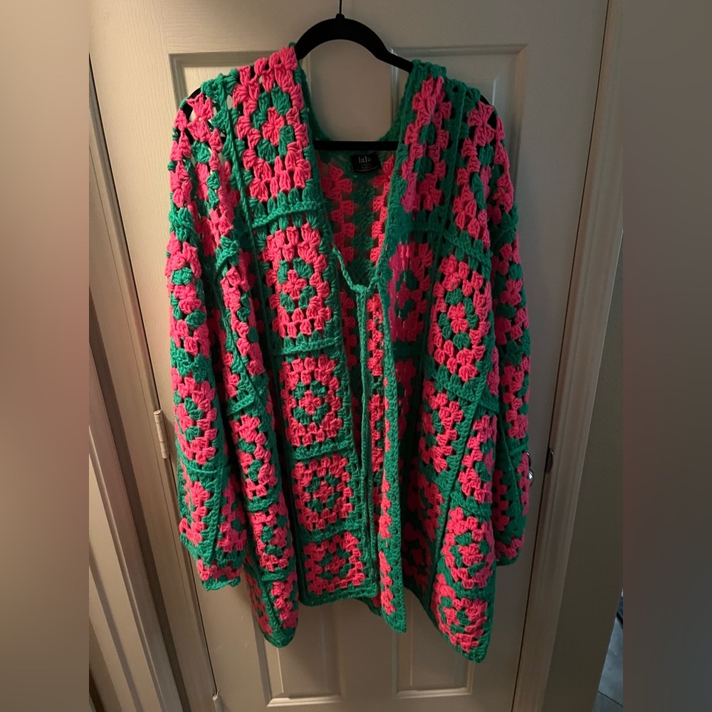 Dressed in LaLa Oversized Granny Square Crochet Cardigan in Neon Watermelon